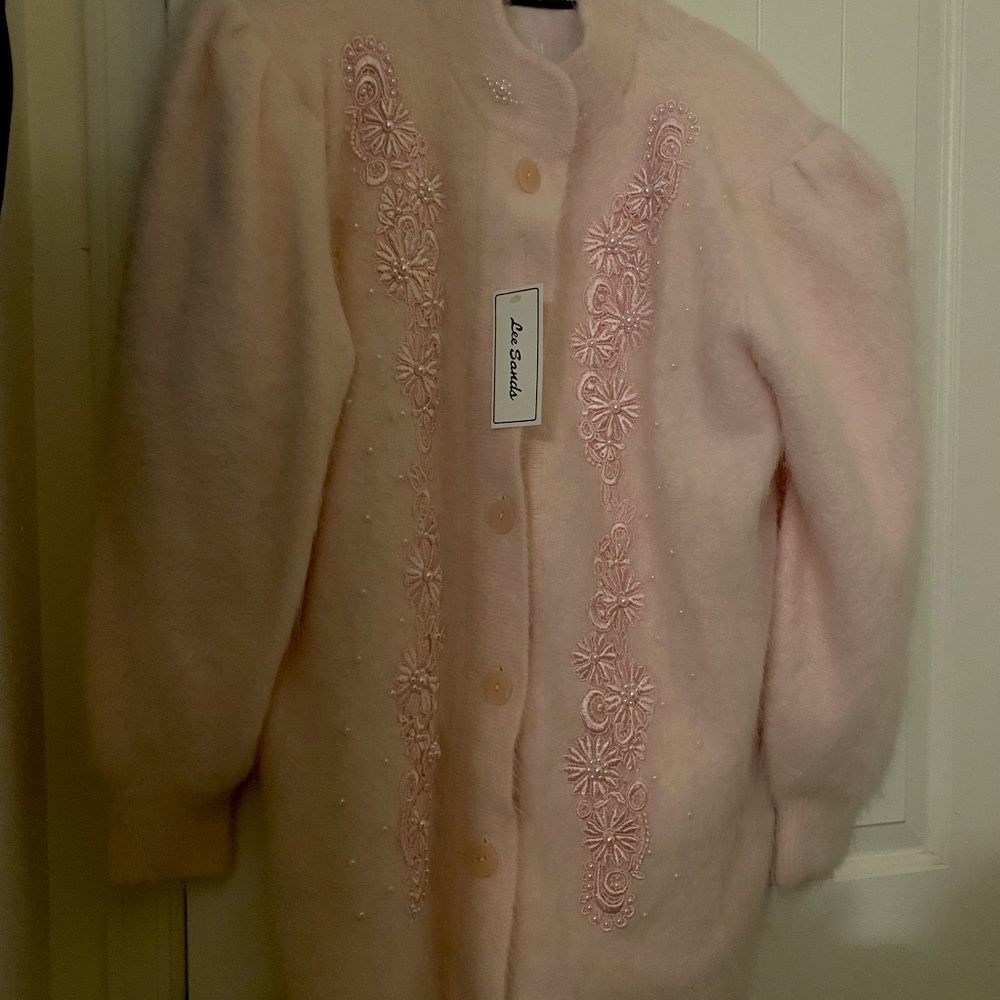 Lee Sands OS angora jacket in soft pink. NWT